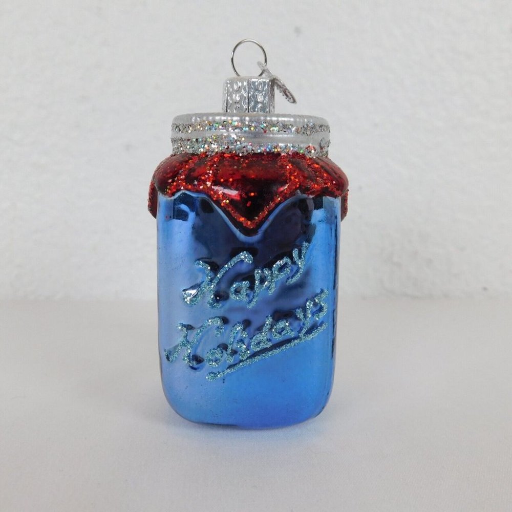 Old World Christmas OWC Mason Canning Jar Glass Tree Ornament 3" High Glitter